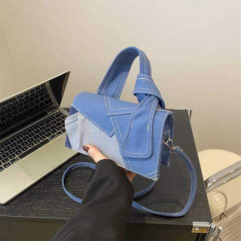 Borsa a Tracolla in Denim Patchwork da Donna in Tela con Cuciture a Contrasto e Manico Annodato Minimalista Urbana Casual