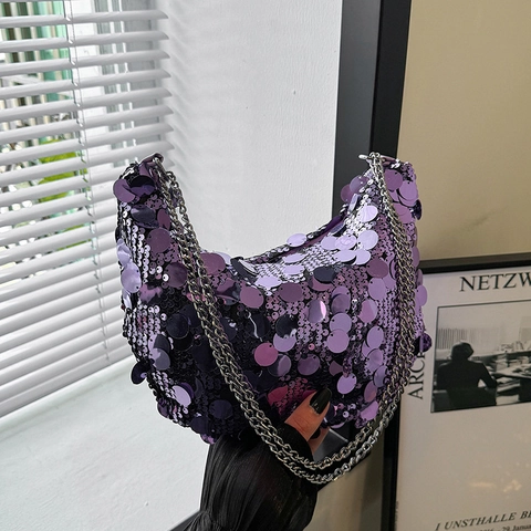 Trendige Glänzende Pailletten PU Halbmondtasche Für Damen Große Kapazität Schultertasche Mit Silberner Kette Stilvolle Sommertasche