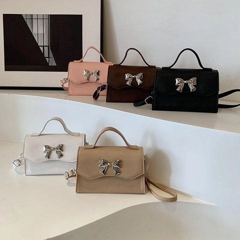 Mini Crossbody Bag For Women PU Leather Saffiano Texture Handheld Small Square Bag Metal Bow Knot Decor Fashionable