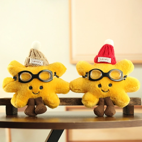 Cute Star Sun Plush Keychain Pendant With Goggles And Knit Hat Yellow Soft Stuffed Animal Bag Charm For Women Kids Gift
