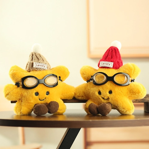 Cute Star Sun Plush Keychain Pendant With Goggles And Knit Hat Yellow Soft Stuffed Animal Bag Charm For Women Kids Gift
