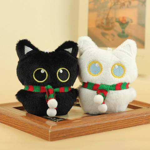 Lindo Llavero de Muñeco de Peluche de Gato Blanco y Negro Con Bufanda a Rayas Animal de Dibujos Animados Juguete de Peluche Accesorios de Bolso Regalo
