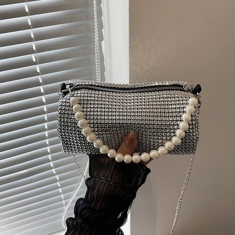 Bolso Boston de Mujer con Diamantes de Imitación Brillantes Asa de Perlas Artificiales Cadena de Metal Bolso de Hombro de Fiesta