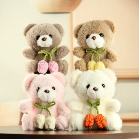 Cute Teddy Bear Plush Toy Keychain With Hand Knitted Tulip Ribbon Soft Stuffed Animal Doll Bag Hanging Pendant Gift For Girls