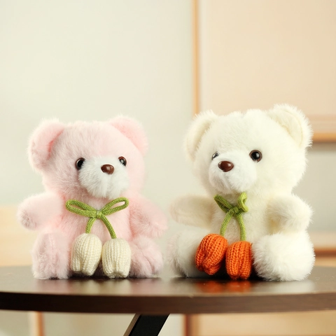 Cute Teddy Bear Plush Toy Keychain With Hand Knitted Tulip Ribbon Soft Stuffed Animal Doll Bag Hanging Pendant Gift For Girls