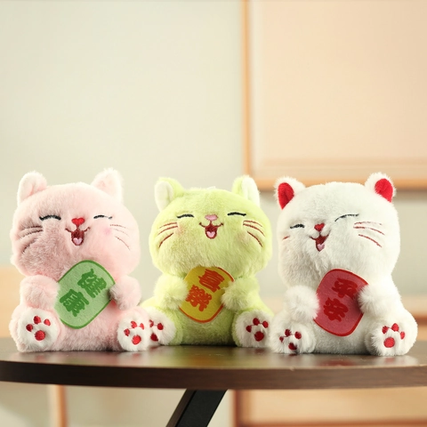 Kawaii Maneki Neko Lucky Cat Plush Toy Keychain Pendant With Embroidery Blessing Words Soft Stuffed Animal Doll For Bag Car Home Decor Women Kids Gift