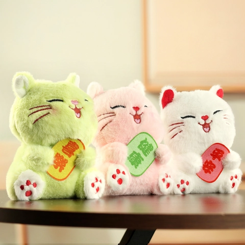 Kawaii Maneki Neko Lucky Cat Plush Toy Keychain Pendant With Embroidery Blessing Words Soft Stuffed Animal Doll For Bag Car Home Decor Women Kids Gift