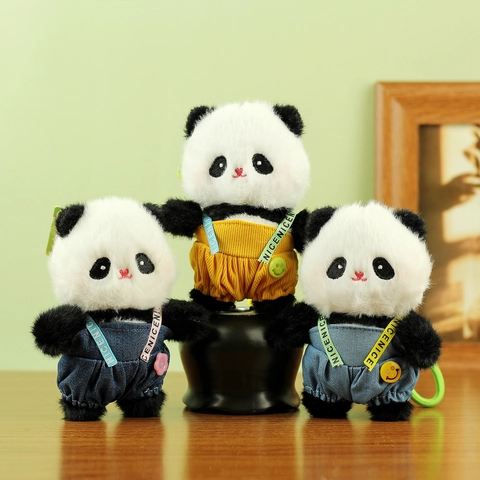 Cute Panda Plush Keychain Bag Charm Soft Stuffed Animal Pendant With Denim Corduroy Overalls For Backpack Handbag Accessories Decor