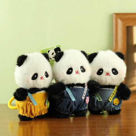 Cute Panda Plush Keychain Bag Charm Soft Stuffed Animal Pendant With Denim Corduroy Overalls For Backpack Handbag Accessories Decor