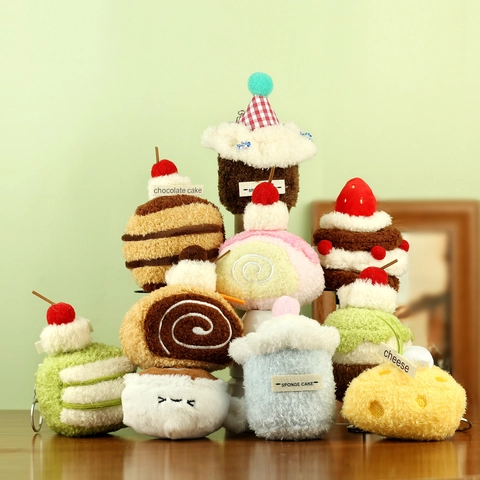 Cute Plush Dessert Keychain Simulation Cake Coffee Cup Cheese Pendant For Bag Decoration Soft Stuffed Toy Keyring Gift For Girls