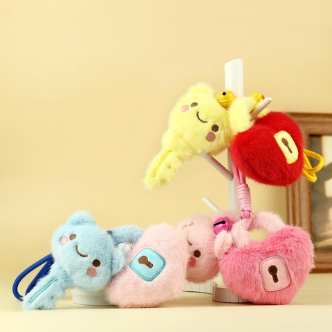 Cute Cartoon Plush Key And Lock Keychain Pendant Soft Stuffed Doll Bag Charm With Bell Woven Rope For Backpack Girls Gift