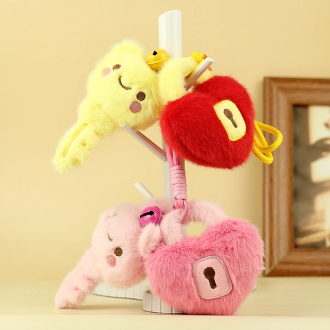 Cute Cartoon Plush Key And Lock Keychain Pendant Soft Stuffed Doll Bag Charm With Bell Woven Rope For Backpack Girls Gift