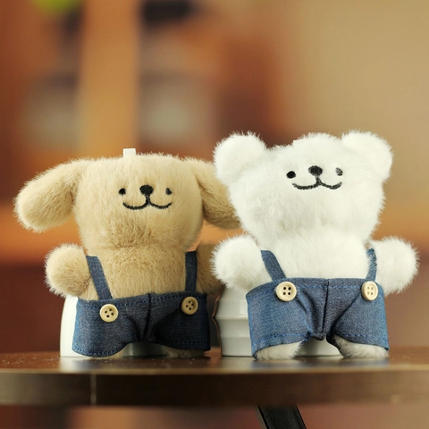 Mignon Porte-clés Chiot en Peluche Avec Salopette en Denim Poupée de Chien Rembourrée pour Couples Pendentif de Sac Cadeau d'Anniversaire Fille Blanc Marron