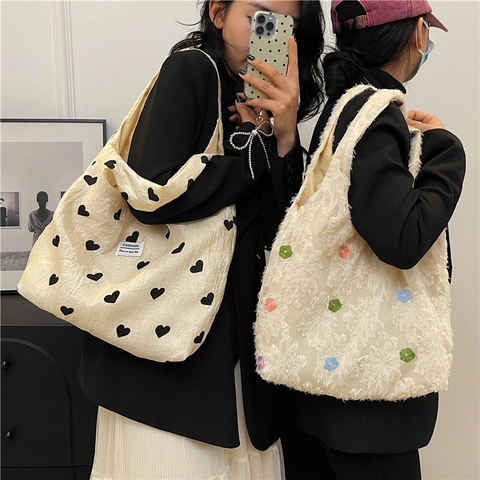 Damen Tote Bag Gestrickt Herz Print 3D Floral Große Kapazität Strukturierte Umhängetasche Für Casual Pendeln