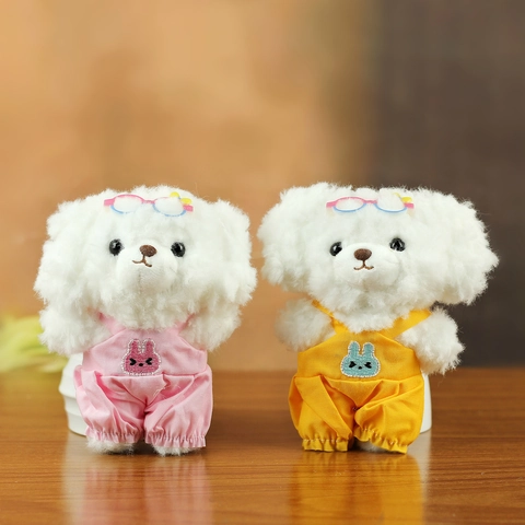 Süßer Cartoon Plüsch Hund Schlüsselanhänger Für Damen Mädchen Weich Bichon Frise Anhänger Mit Latzhose Brille Tasche Schmuck