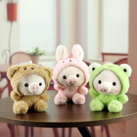 Cute Transformative Piggy Plush Keychain Wearing Animal Hood Frog Rabbit Bear Soft Stuffed Pig Doll Bag Charm Ornament Gift For Kids