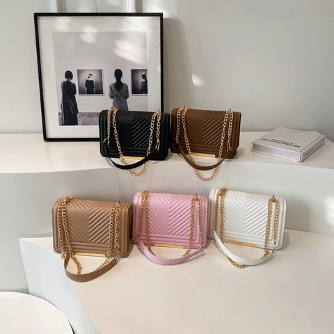 Borsa a Tracolla Donna alla Moda Trapuntata a V Motivo Chevron in Pelle PU Piccola Borsa a Bandoliera con Catena d'Oro