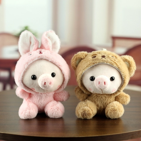 Cute Transformative Piggy Plush Keychain Wearing Animal Hood Frog Rabbit Bear Soft Stuffed Pig Doll Bag Charm Ornament Gift For Kids