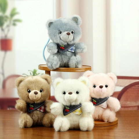 Cute Plush Teddy Bear Pendant Soft Stuffed Animal Doll With Cherry Scarf For Backpack Bag Decoration Keychain Toy Gift
