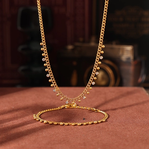 Conjunto Collar Y Pulsera De Acero Inoxidable Oro Con Borla Cuentas Para Mujer Diamante Imitación Chapado PVD Joyas