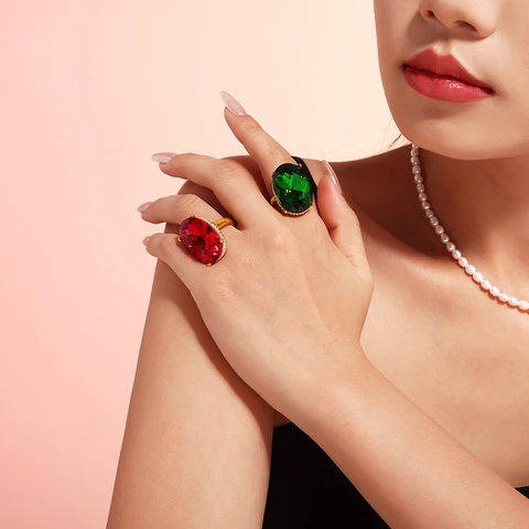 Vintage Großer Oval Geschliffener Glas Cocktailring Für Damen 18K Vergoldeter Titanstahl Strass Statement Fingerschmuck
