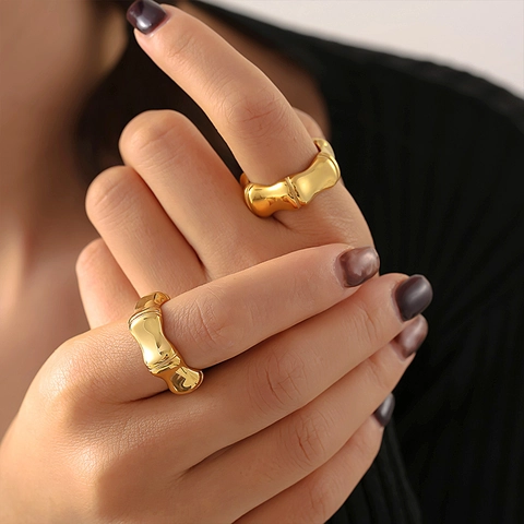 Anello In Acciaio Inossidabile Design Bamboo Texture Onda Organica Irregolare Gioielli Di Moda Per Donne
