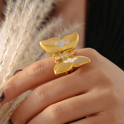 Overdreven Vlinder Ring Roestvrij Staal Met Glanzende Tsjechische Diamanten Ins Stijl Trendy Mode Sieraden Voor Vrouwen