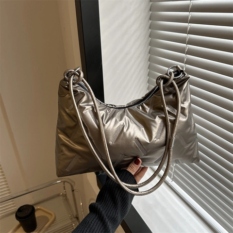 Women Fashion Metallic Quilted Puffer Shoulder Bag Large Capacity Solid Color Cotton Padded Tote Handbag Daily Casual Style