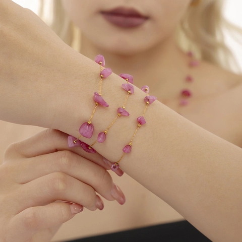 Collana E Bracciale In Acciaio Inossidabile Con Pietra Naturale Rosa Gioielli Bohémien Fatti A Mano Per Donna Vintage Dorato