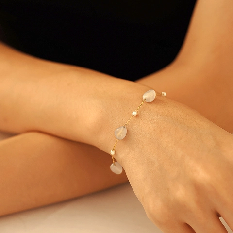 Set Di Gioielli In Acciaio Inossidabile Con Pietra Naturale E Imitazione Perla Artificial Collana E Bracciale Placcato Oro Minimalista Vintage Donna