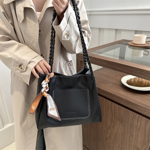 Women Large Capacity PU Leather Tote Bag With Braided Shoulder Strap And Scarf Decor Litchi Pattern Commute Shoulder Bag