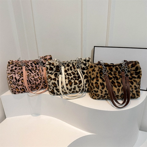 Leopard Print Faux Fur Tote Bag For Women Vintage Plush Large Capacity Shoulder Bag With Chain Strap Fashion Handbag