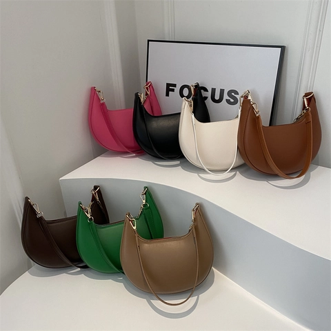 Women PU Leather Hobo Underarm Shoulder Bag French Minimalist Half Moon Crescent Shape Solid Color Retro Handbag Zip Closure