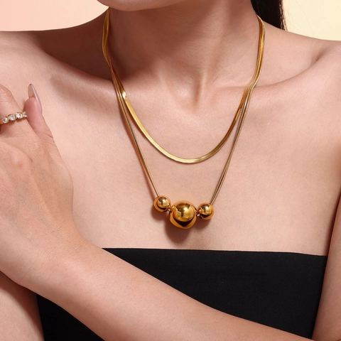 Elegant Stainless Steel Double Layer Bead Necklace For Women Minimalist Herringbone Chain Choker Gold Silver Plated Jewelry
