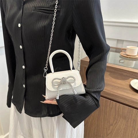 Dames Mini Glitter Crossbodytas Strass Strik Decor Handtas Met Kettingriem Mode Avondfeest Schoudertas