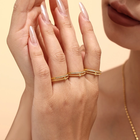 Minimalistischer Doppelschichtiger Verstellbarer Ring Titanstahl Vergoldet Mikro Eingelegter Zirkonia Geometrische Perlenstruktur Fingerring Für Damen Schmuck