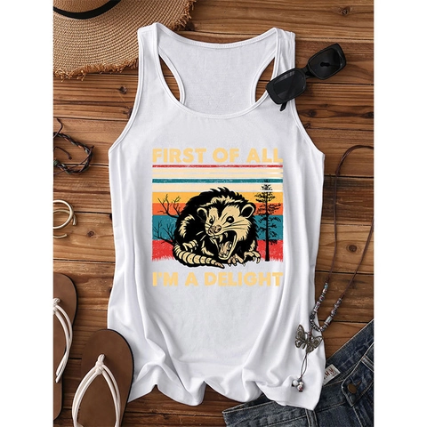 Canotta First Of All I'm A Delight Donne Vintage Retro Opossum Grafica Senza Maniche Misto Cotone Casual