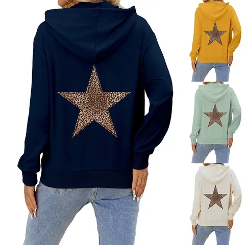 Women Hoodie Cotton Blend Leopard Star Back Print Pullover Loose Fit Long Sleeve Hooded Casual Sweatshirt Ladies