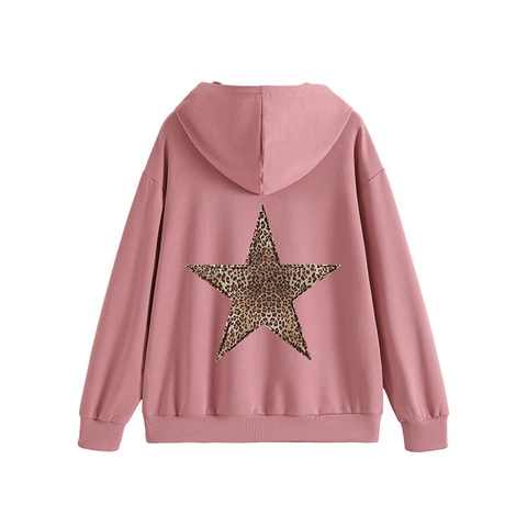 Women Hoodie Cotton Blend Leopard Star Back Print Pullover Loose Fit Long Sleeve Hooded Casual Sweatshirt Ladies