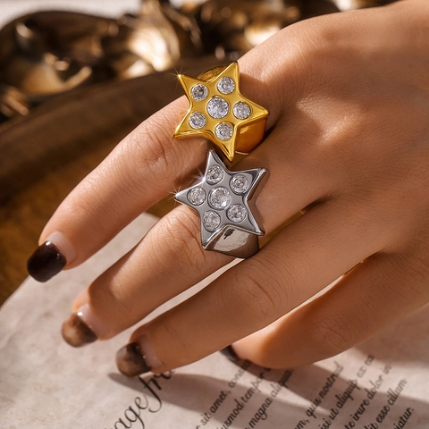 Anillo Abierto de Acero Inoxidable de Titanio con Estrella y Zircón para Mujer Lujo Vintage Ajustable Oro Plata Joyería