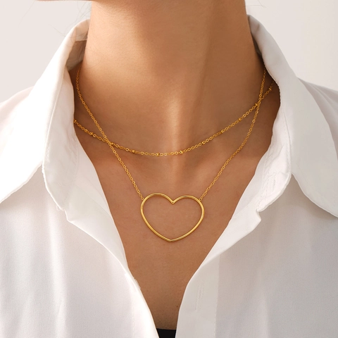 Stainless Steel Hollow Heart Pendant Necklace For Women PVD 18K Gold Plated Double Layer Clavicle Chain Minimalist Jewelry