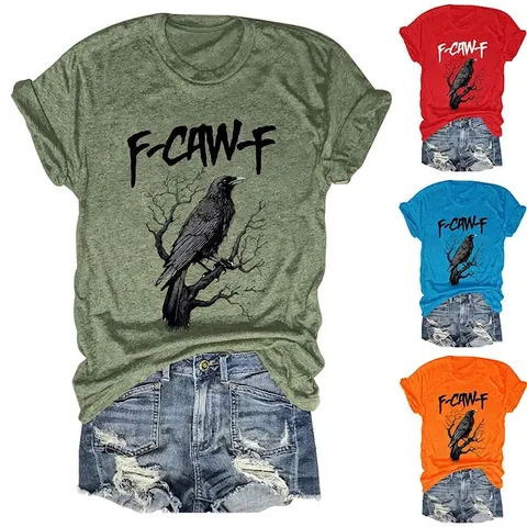 T-Shirt Da Donna In Misto Cotone Girocollo A Maniche Corte Con Stampa Grafica Corvo Lettera Streetwear Top Casual