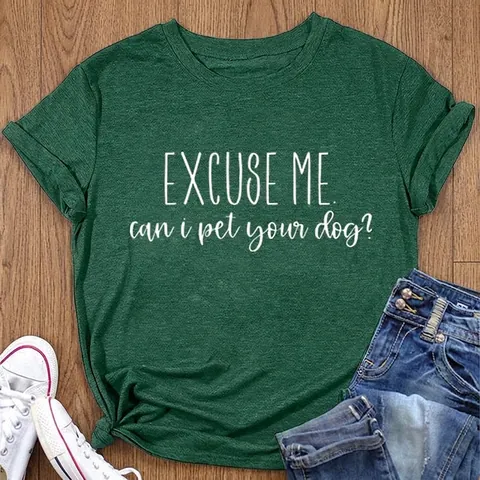 Dames Excuse Me Can I Pet Your Dog Grafisch T-Shirt Casual Katoenmix Korte Mouw Ronde Hals Zomer Basic Tee Tops