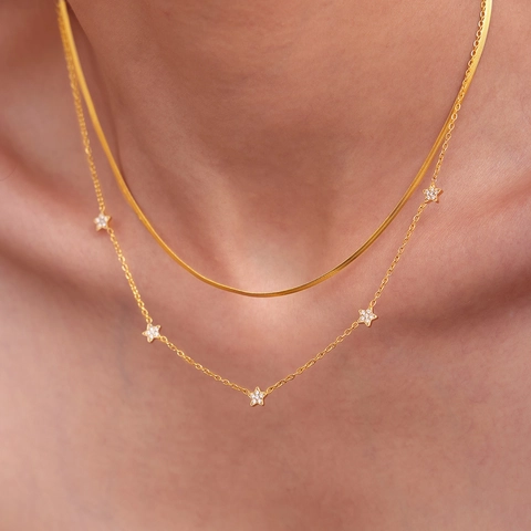 Stainless Steel Double Layer Necklace Flat Herringbone Snake Chain Star Zircon Pendants Elegant Minimalist Jewelry For Women