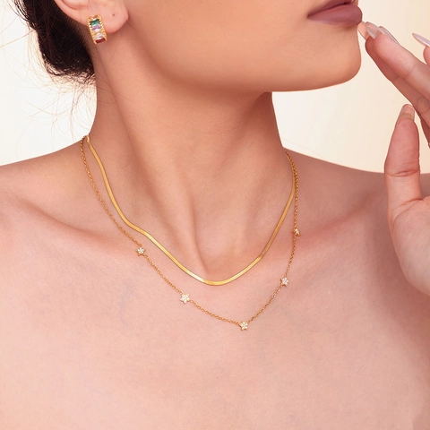 Stainless Steel Double Layer Necklace Flat Herringbone Snake Chain Star Zircon Pendants Elegant Minimalist Jewelry For Women