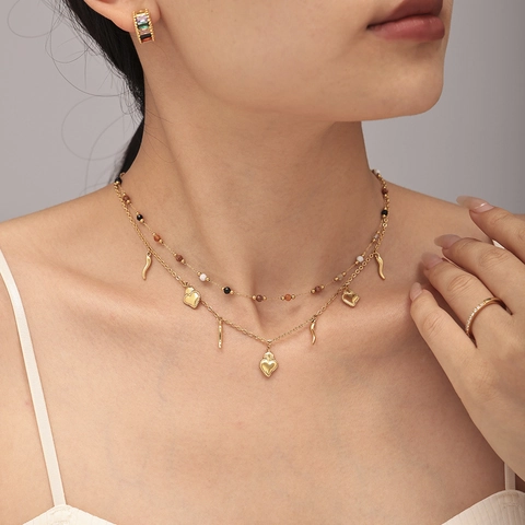 Stainless Steel Jewelry Set For Women Vintage Heart Horn Pendant Necklace Bracelet Natural Stone Artificial Pearl Inlaid