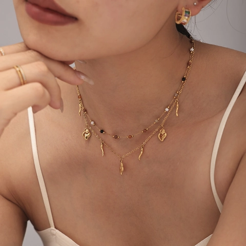 Stainless Steel Jewelry Layered Necklace And Bracelet With Sacred Heart Cornicello Horn Pendant For Women Fashion Jewelry
