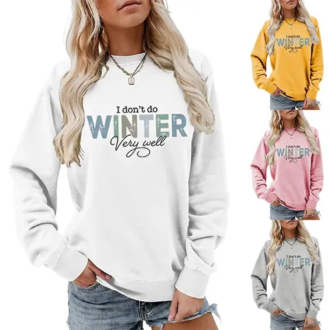 Sweatshirt Femme À Col Rond En Mélange De Coton À Manches Longues Imprimé Lettres Pull Décontracté Haut D'hiver