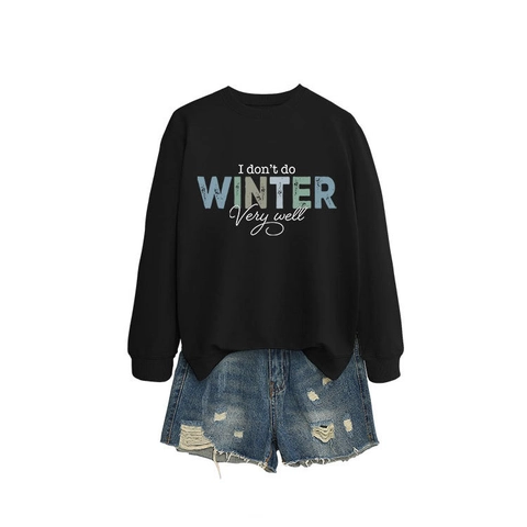 Sweatshirt Femme À Col Rond En Mélange De Coton À Manches Longues Imprimé Lettres Pull Décontracté Haut D'hiver