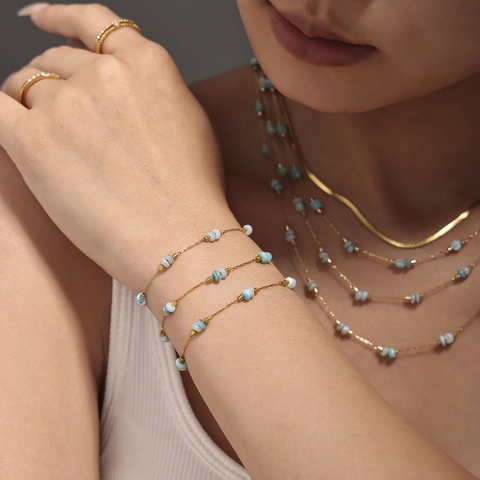 Collana e Bracciale in Acciaio Inossidabile Con Perline di Amazonite per Donna Catena a Lama Oro Gioielli Stratificati